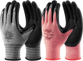 DOFOWORK gardening gloves pack of six pairs in red and grey for all-season garden work.
