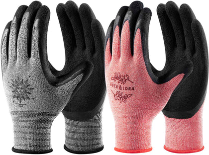 DOFOWORK gardening gloves pack of six pairs in red and grey for all-season garden work.