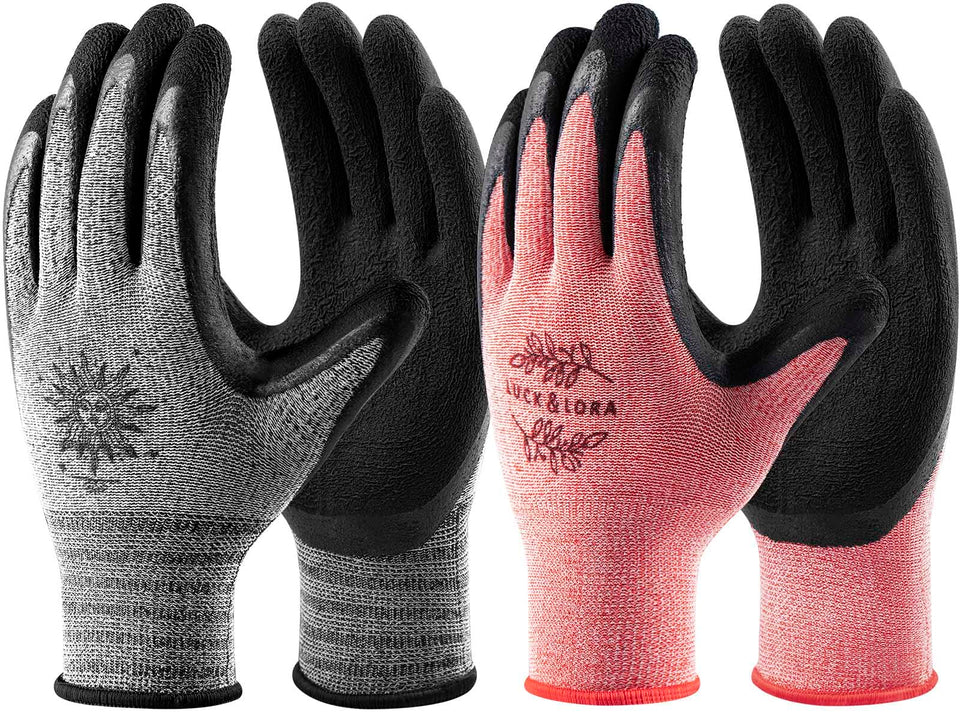 DOFOWORK gardening gloves pack of six pairs in red and grey for all-season garden work.