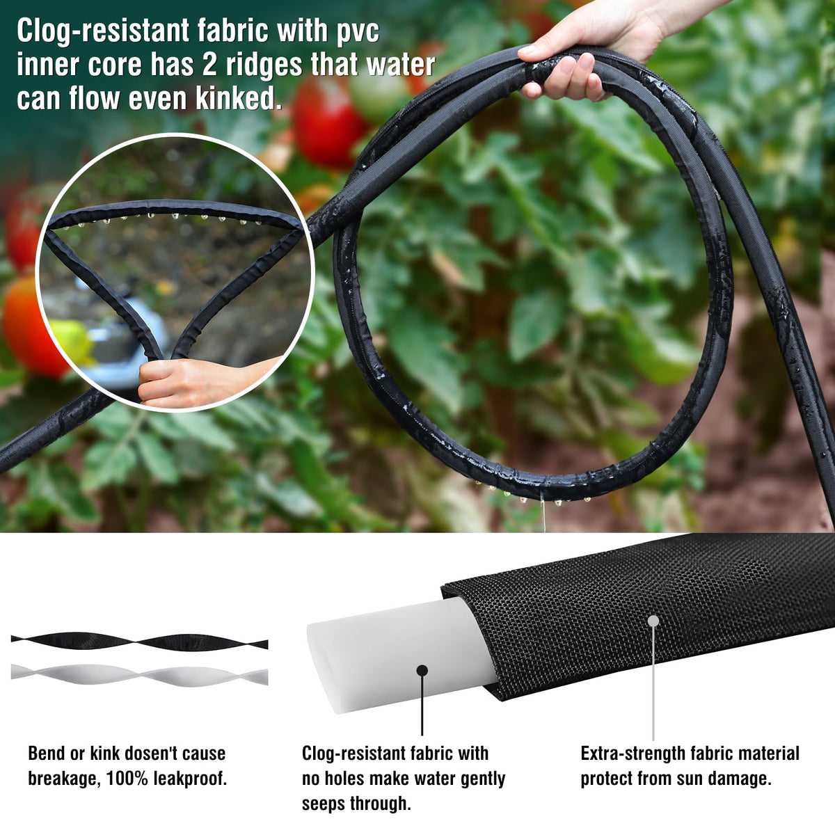 DOFOWORK heavy-duty garden soaker hose resisting sun and weather outdoors