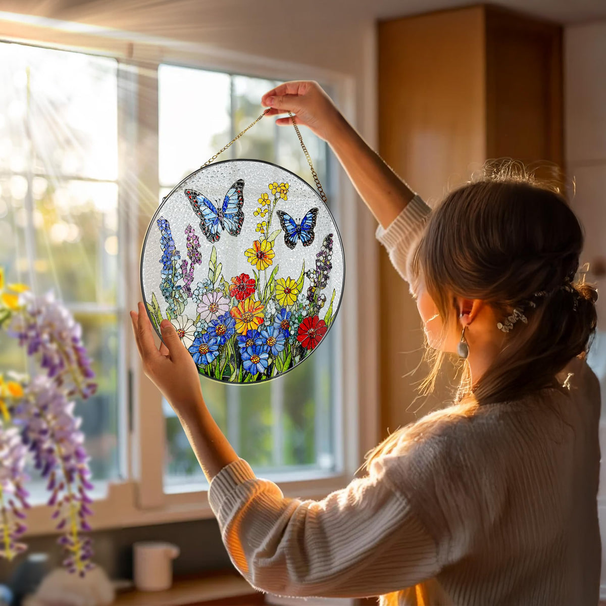 DOUHASU flower stained glass suncatcher refracts rainbow colors for fresh decor.