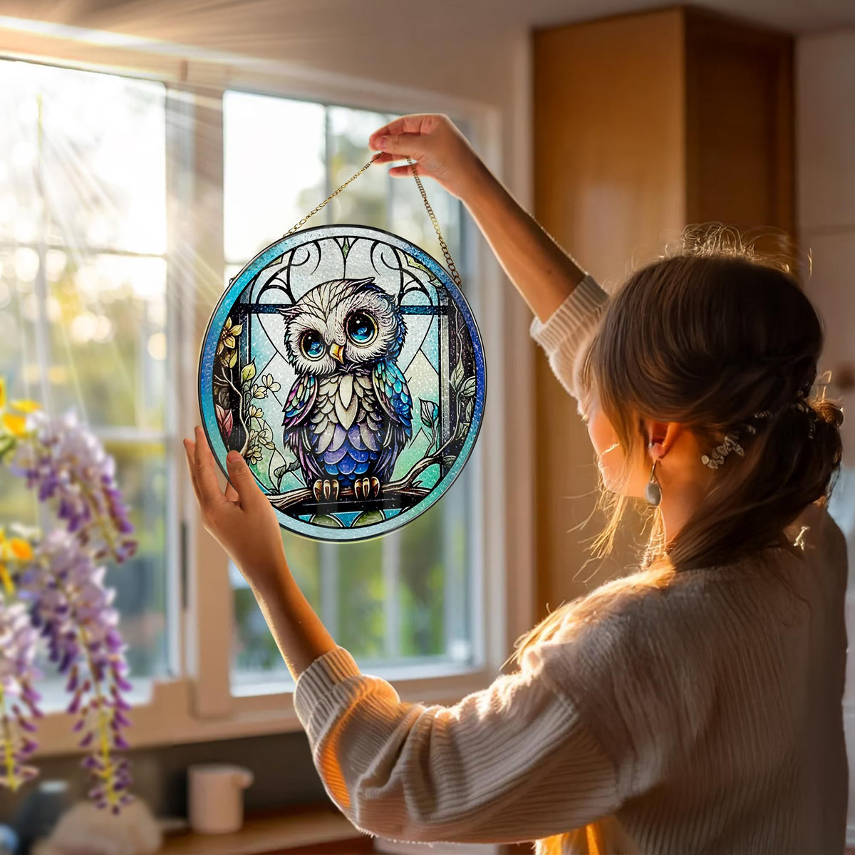 DOUHASU stained-glass window hanging showcases rich hues shimmering in sunlight.