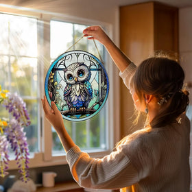 DOUHASU stained-glass window hanging showcases rich hues shimmering in sunlight.