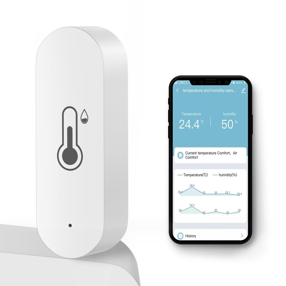 DoHome WiFi temp humidity sensor front view showing compact design for easy placement