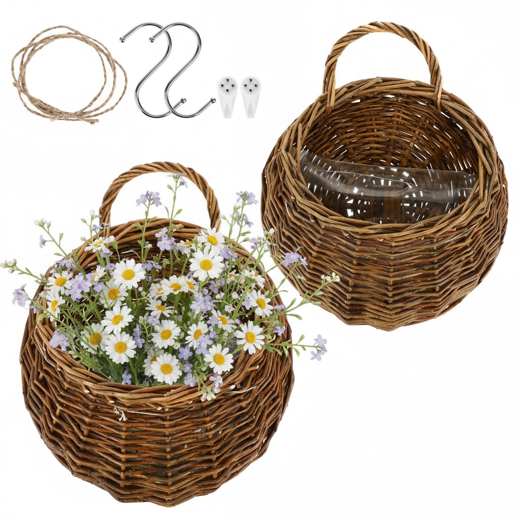 DOITOOL woven hanging wall basket close-up highlighting handcrafted rattan texture for rustic decor