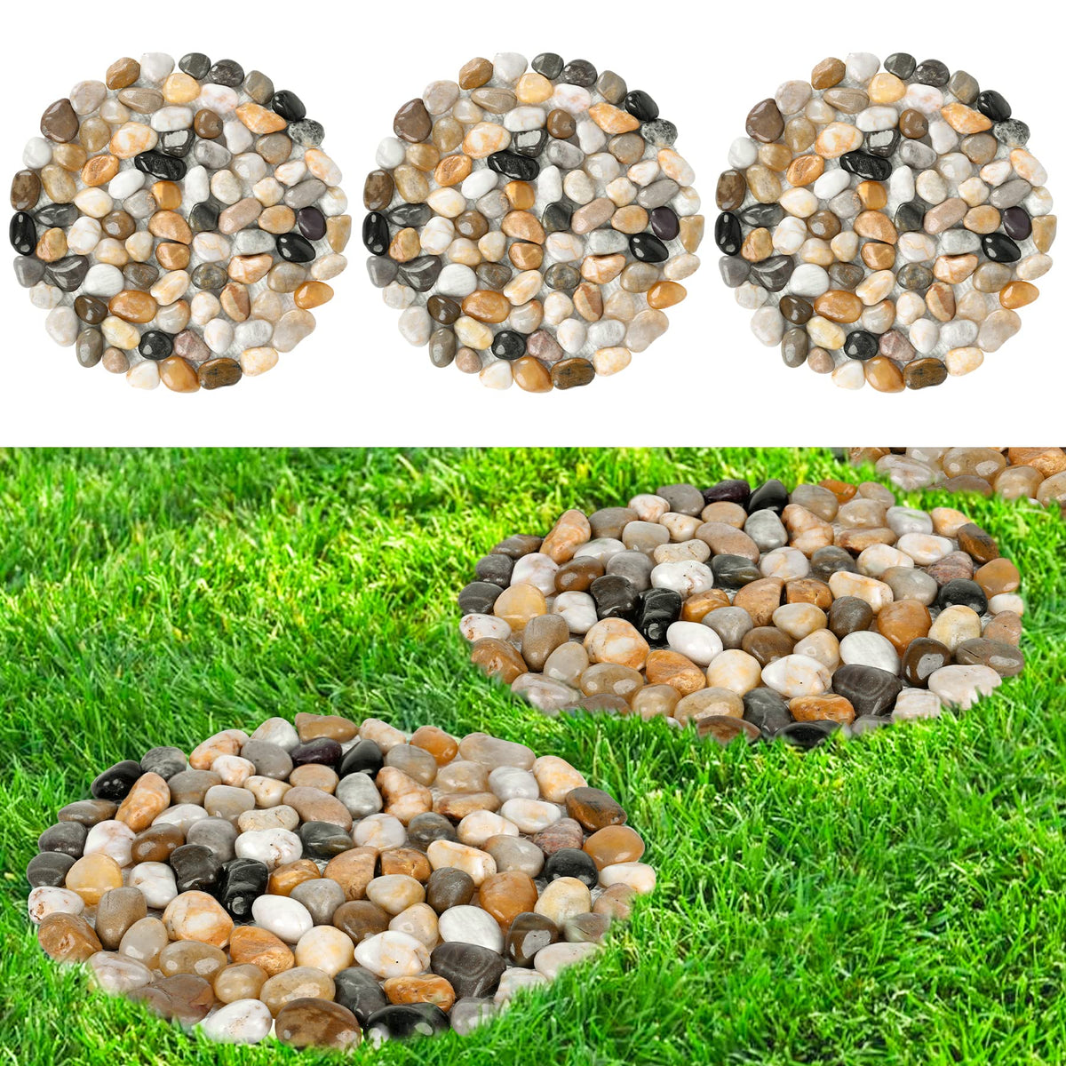 dojobkinb River Rock stepping stones, 12-inch round mats, provide stable garden walkways.