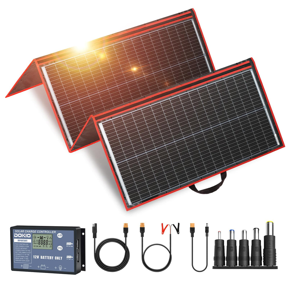 DOKIO 300W foldable panel compact for easy RV storage and travel