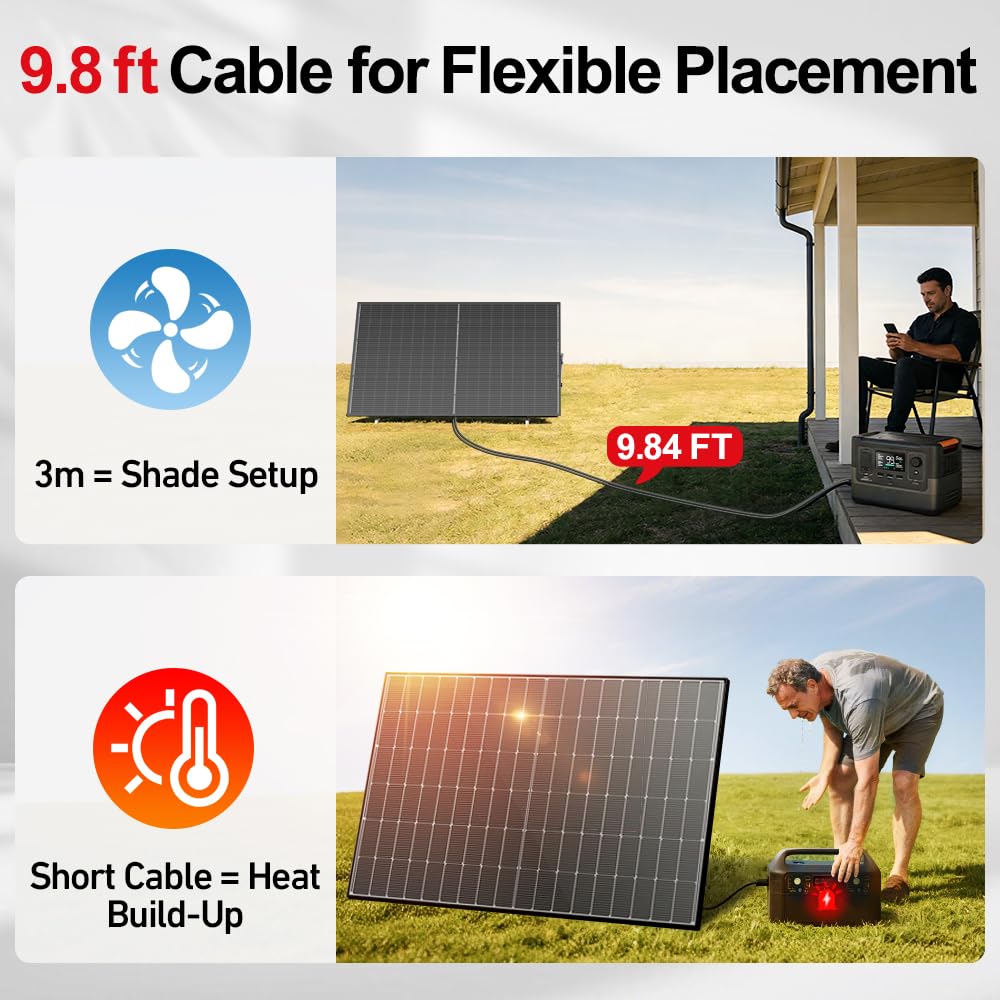 DOKIO 800W panel shows 9.84 ft MC4 leads for longer runs