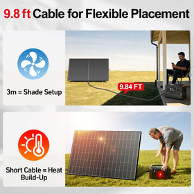 DOKIO 800W panel shows 9.84 ft MC4 leads for longer runs