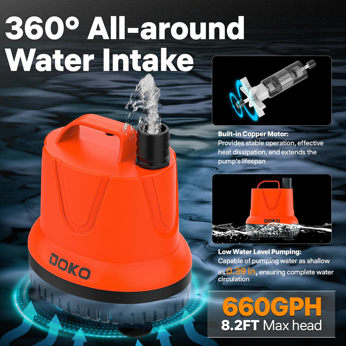 DOKO pump with 6ft cord for flexible placement and safe operation