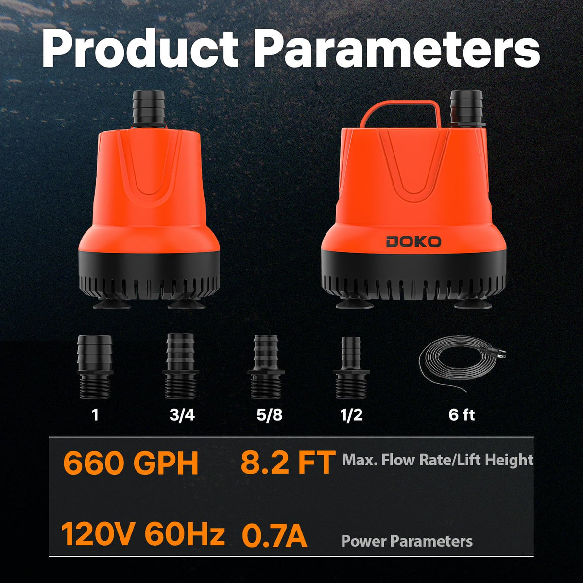 DOKO submersible pump in aquarium or fountain setup