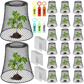 Doksving chicken wire plant cover shielding a seedling from pests.