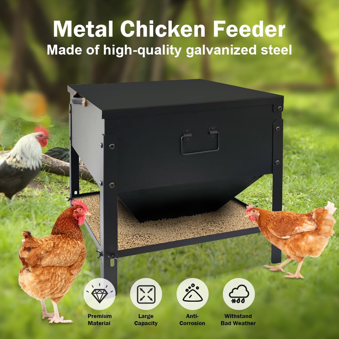 Dolemoduo adjustable-height trough adapts to flock size and feed type.