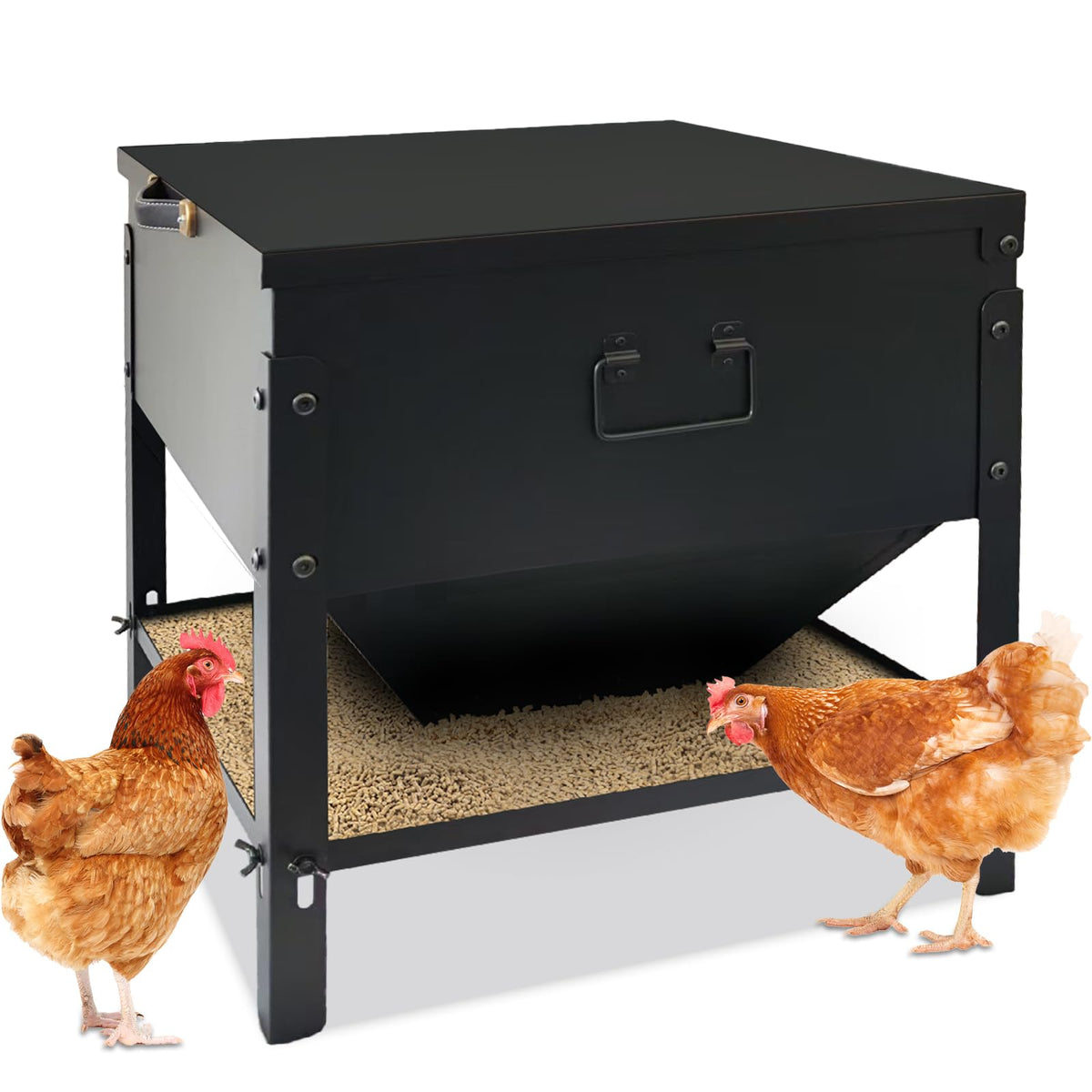 Dolemoduo metal chicken feeder with lid protects feed from rain and moisture.