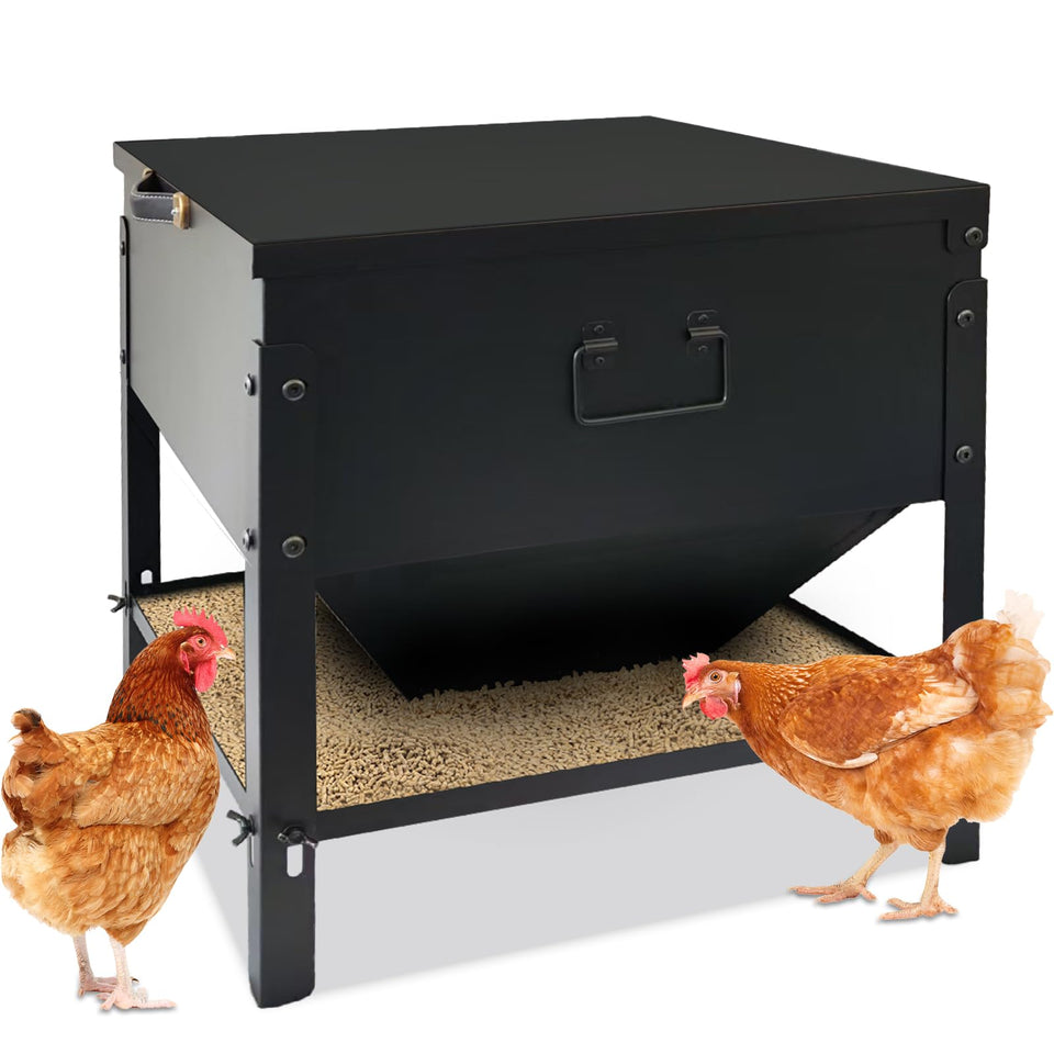 Dolemoduo metal chicken feeder with lid protects feed from rain and moisture.