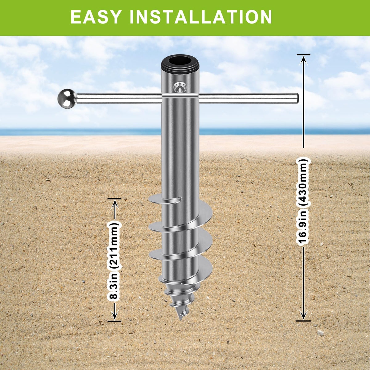 Dolibest drill-in design for quick, tool-free installation into beach sand.