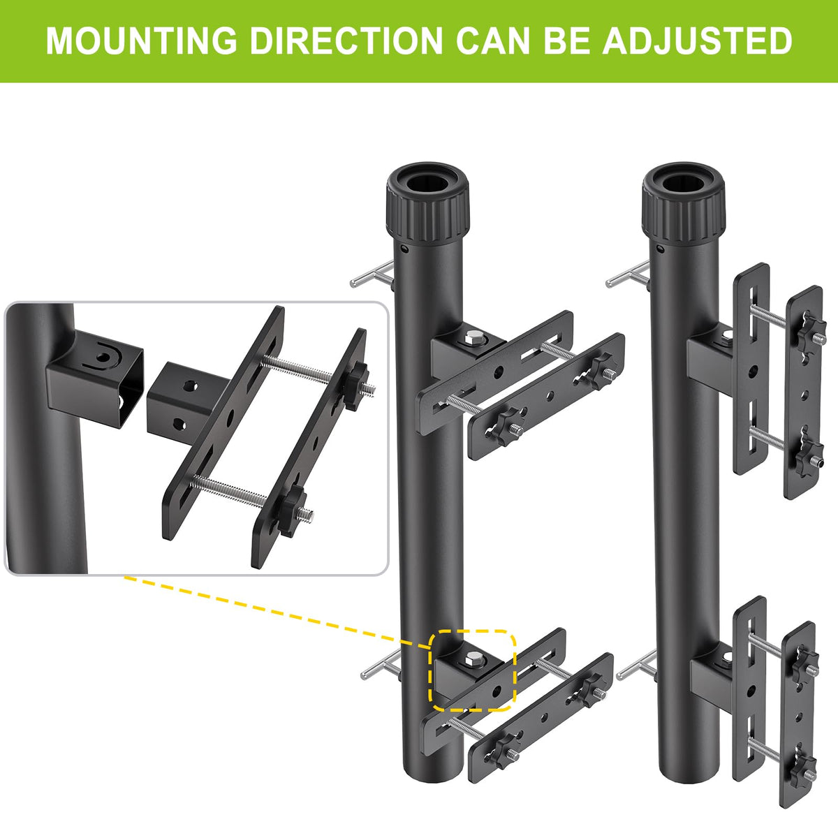 Dolibest deck mount shows adjustable width for railing posts.