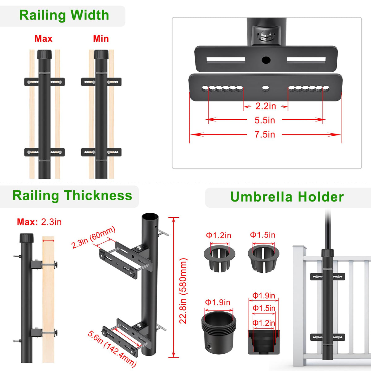 Dolibest rail-mount unit demonstrates vertical installation on a railing.