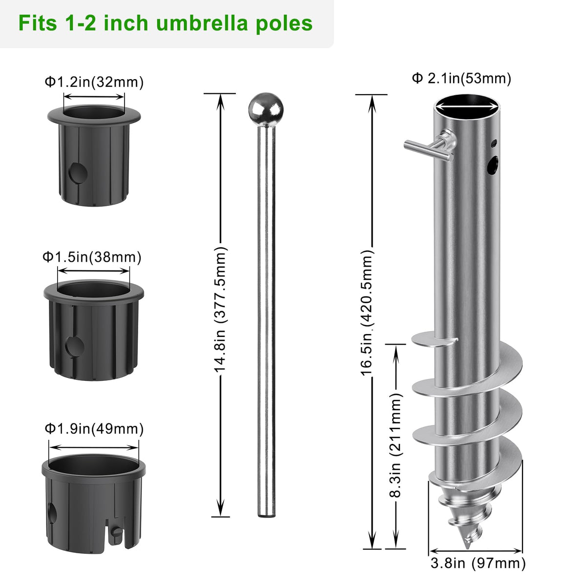 Three sleeves adapt Dolibest anchor to 1-2 inch poles for flexible setups.