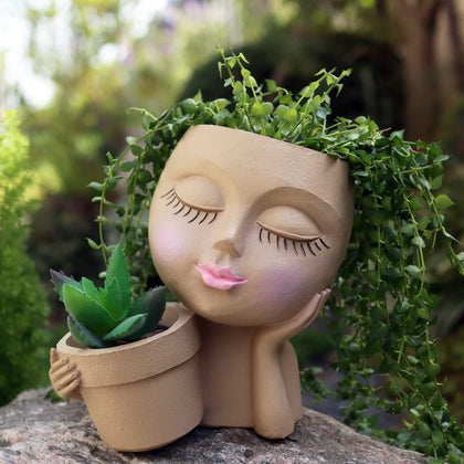 Dolkgy face planter with double pots for indoor succulent displays.