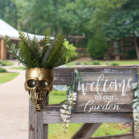 Dolkgy Gothic Skull Planter on table top adds edgy charm.