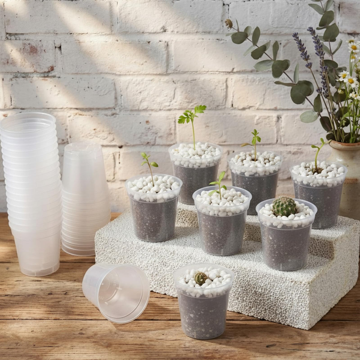 Domensi clear seedling pots with drainage holes promoting healthy root growth.