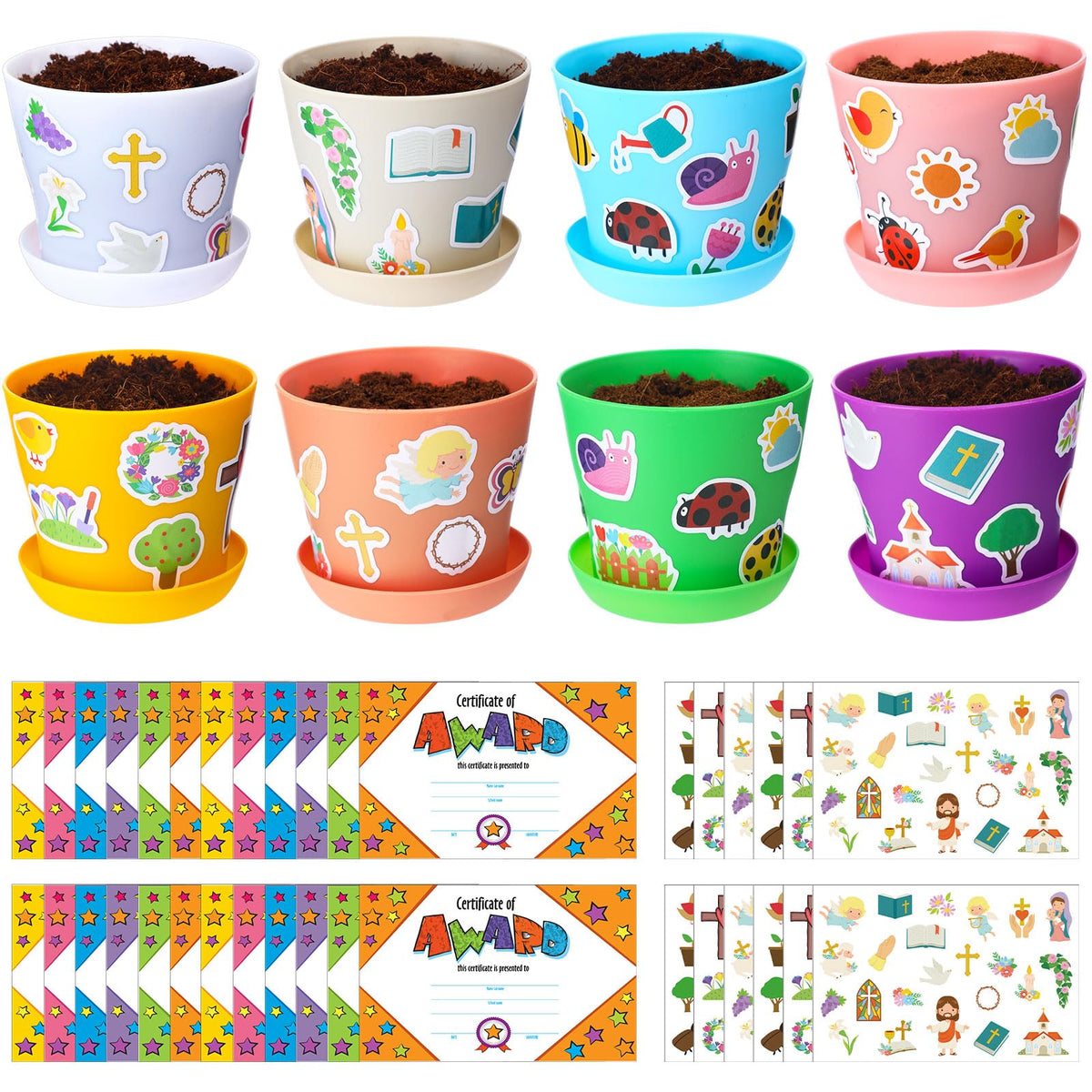 Domensi 30-piece kids flower pot kit with colorful pots for classroom crafts.