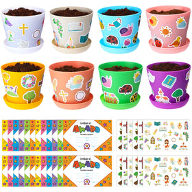 Domensi 30-piece kids flower pot kit with colorful pots for classroom crafts.