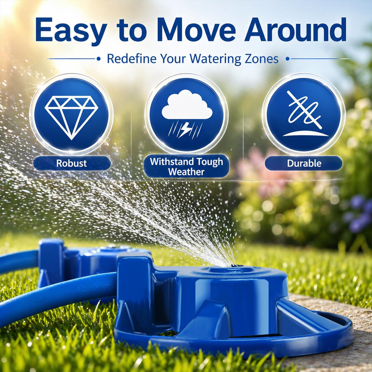 Versatile placement for gardens, yards, lots, or driveways with steady water distribution.
