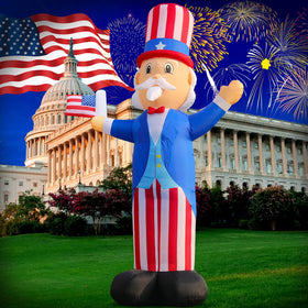 DomKom 12ft Uncle Sam inflatable glows for outdoor patriotic display.