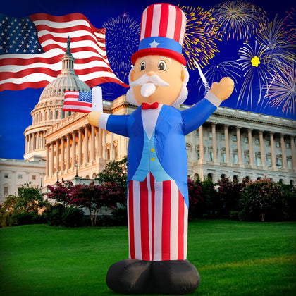 DomKom 12ft Uncle Sam inflatable glows for outdoor patriotic display.