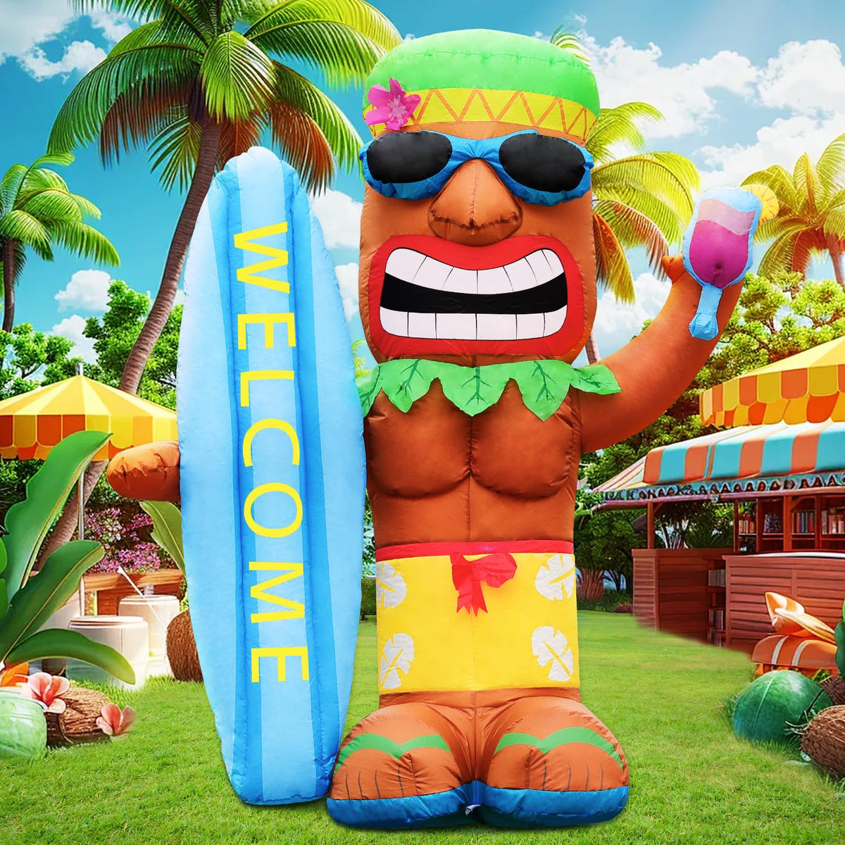 DomKom 5ft tiki luau inflatable with surfboard glows in yard for vibrant decor