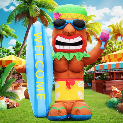 DomKom 5ft tiki luau inflatable with surfboard glows in yard for vibrant decor