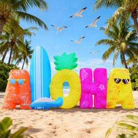 DomKom 6FT Tiki Luau inflatable in front yard glowing for festive outdoor parties