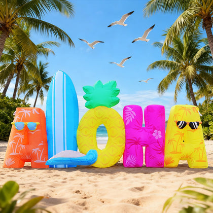 DomKom 6FT Tiki Luau inflatable in front yard glowing for festive outdoor parties