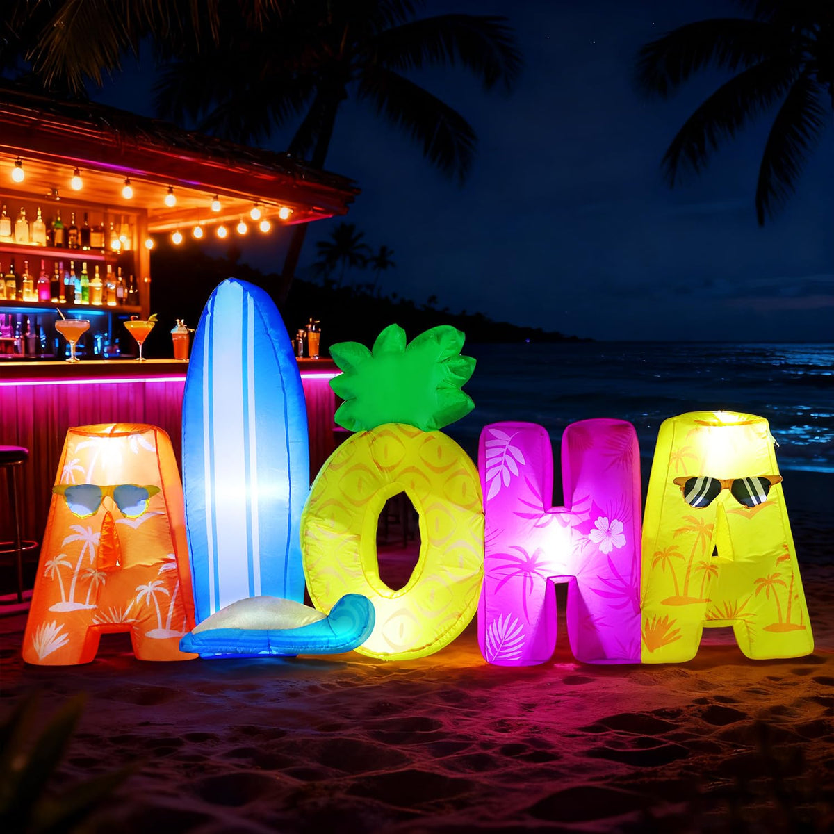 DomKom 6FT Tiki Luau inflatable side view adds tropical vibes to your yard