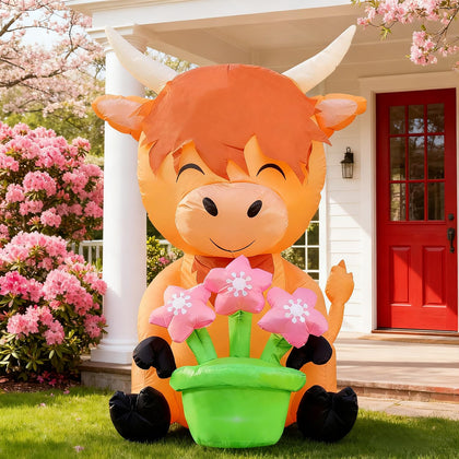 DomKom Highland Cow 5ft inflatable with flower pots adds charming curb appeal to your garden