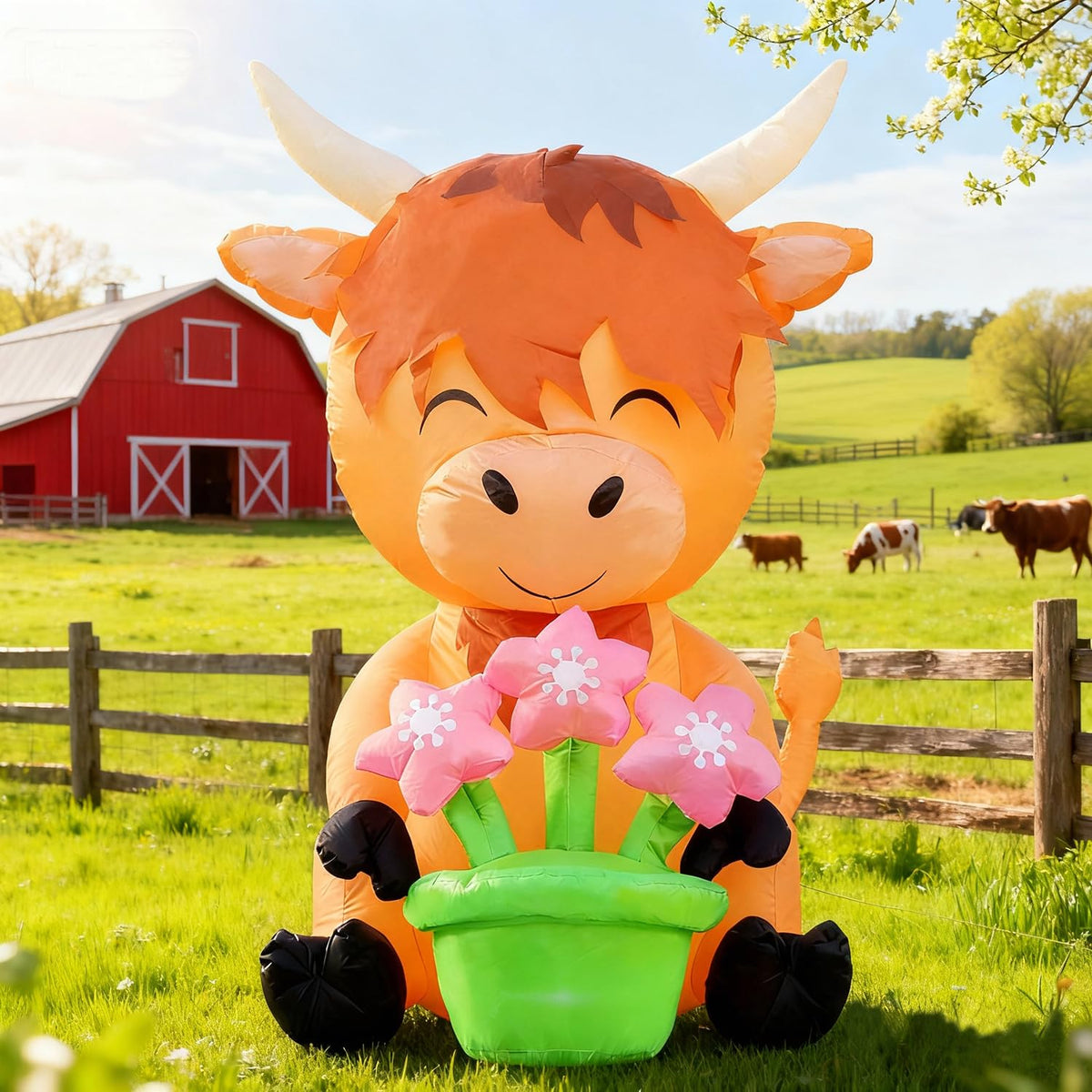 DomKom Highland Cow with blooming pots, ideal for festive outdoor displays