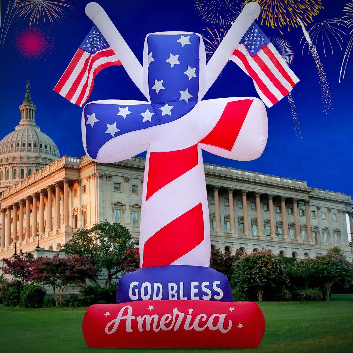 DomKom LED-lit patriotic cross inflatable brightens evening garden parties.