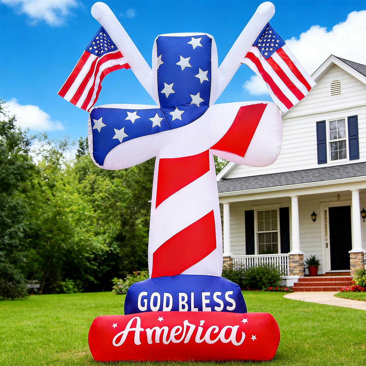 DomKom outdoor 4th of July decor inflatable lights up the lawn.