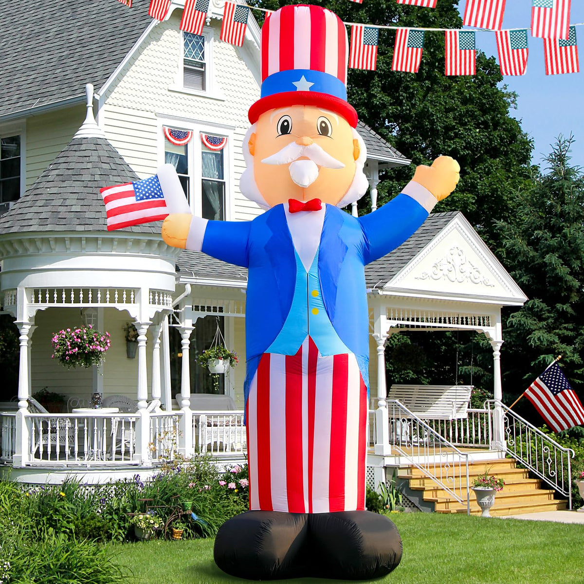 DomKom outdoor decor inflatable stands tall for festive garden ambiance.