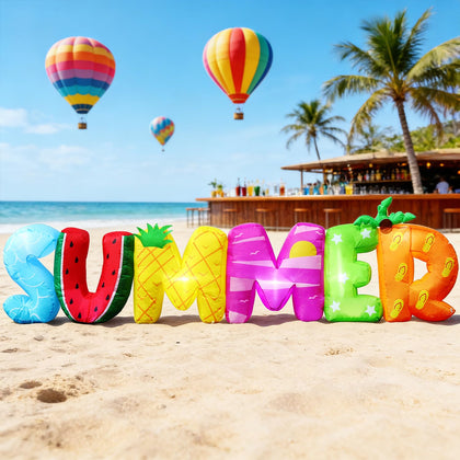 DomKom SUMMER inflatable letters glow in the yard for festive curb appeal.