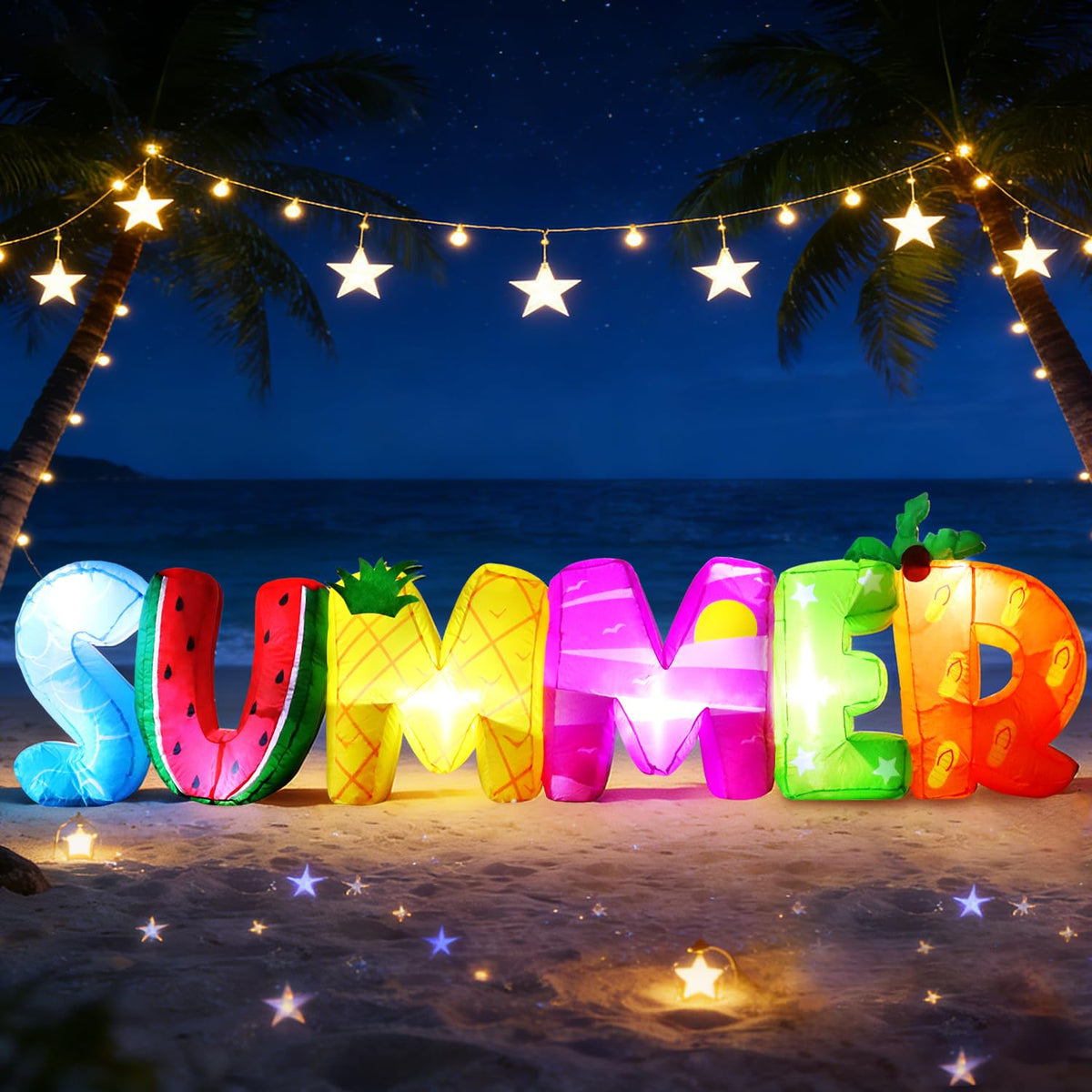 DomKom SUMMER letters with built-in LEDs cast a vibrant night glow.