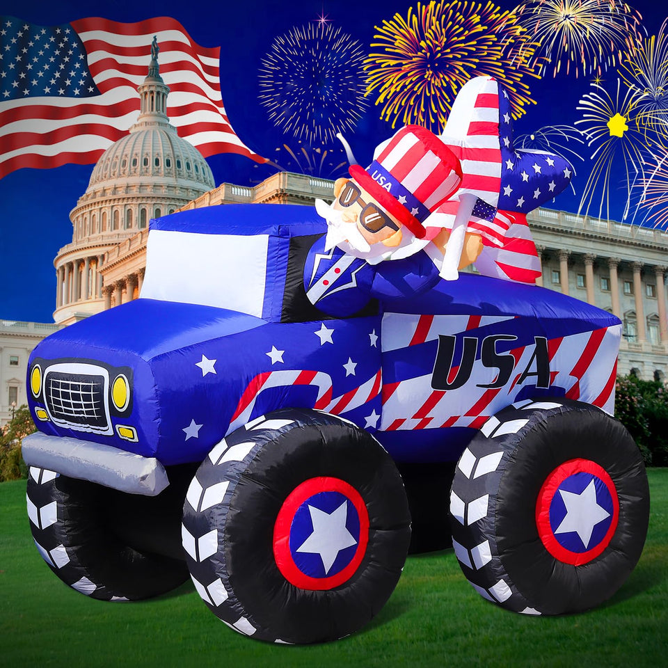 DomKom Uncle Sam Drive Monster Truck inflatable lights up your lawn for 4th of July celebrations