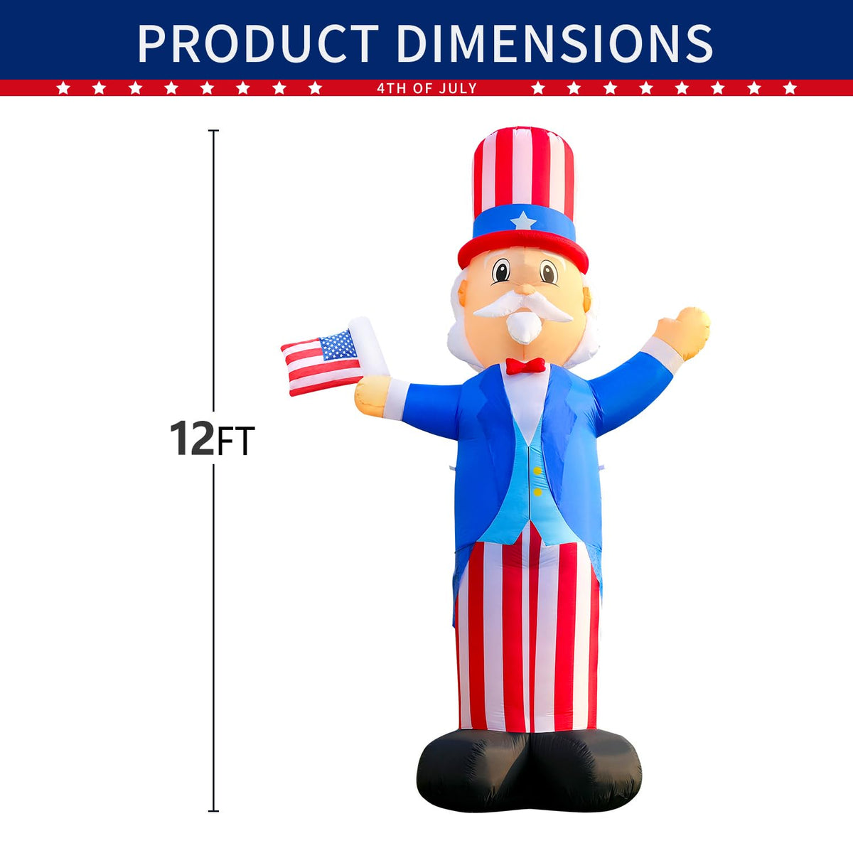 DomKom Uncle Sam inflatable illuminates the lawn after sunset.