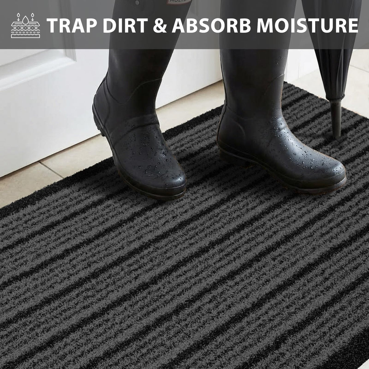 DOMUSTEX dirt-trapping entrance rug with non-slip backing stays securely in place.