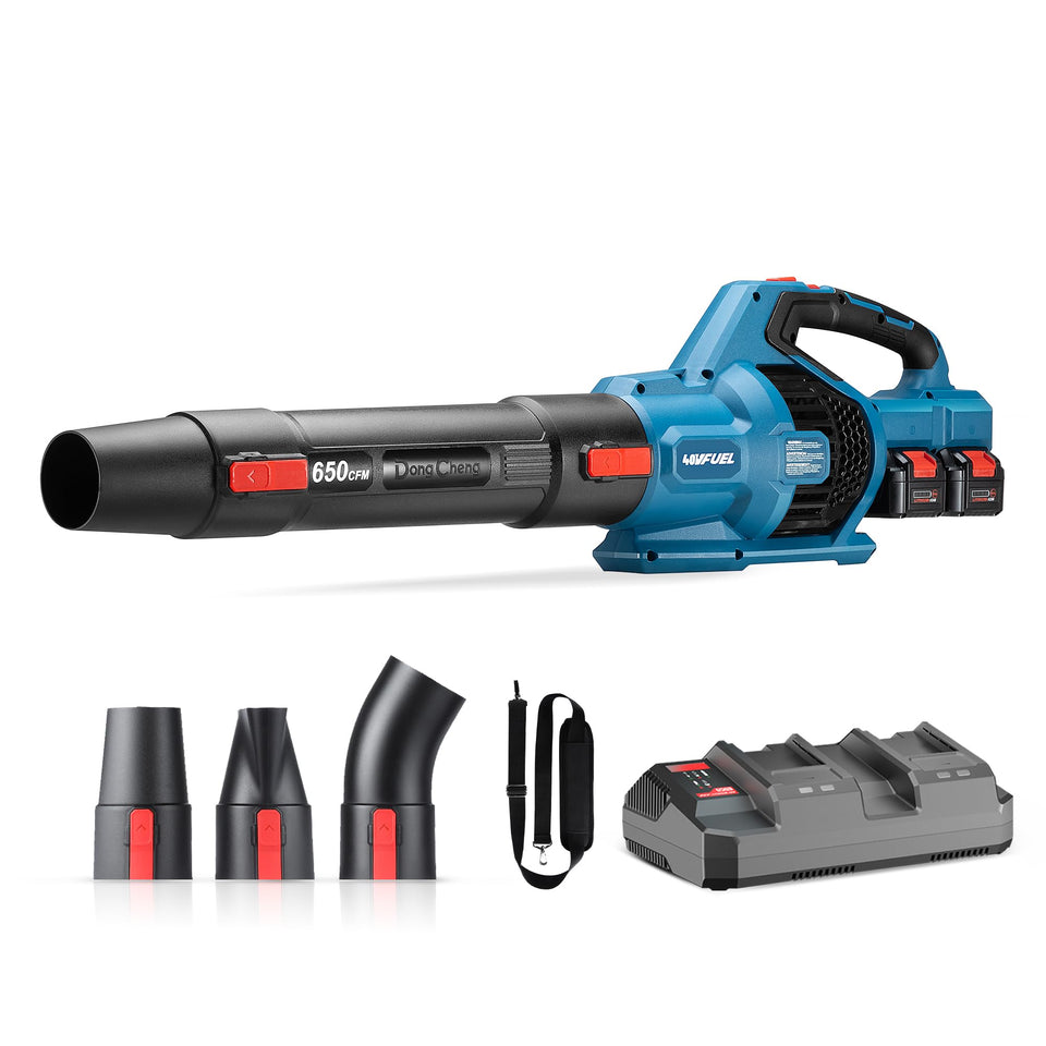 Dong Cheng 40V leaf blower front view for quick curbside cleanup