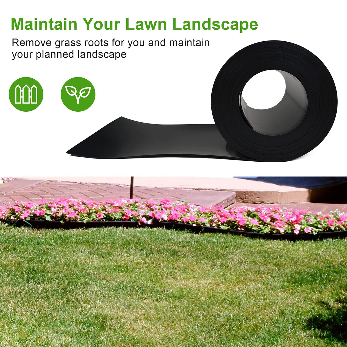 Doniks flexible garden border; easy to bend for lawns of various shapes.