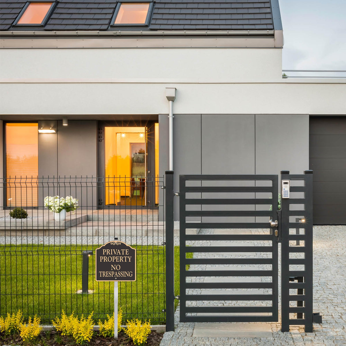 Doninex black and gold design elevates curb appeal at entrances.