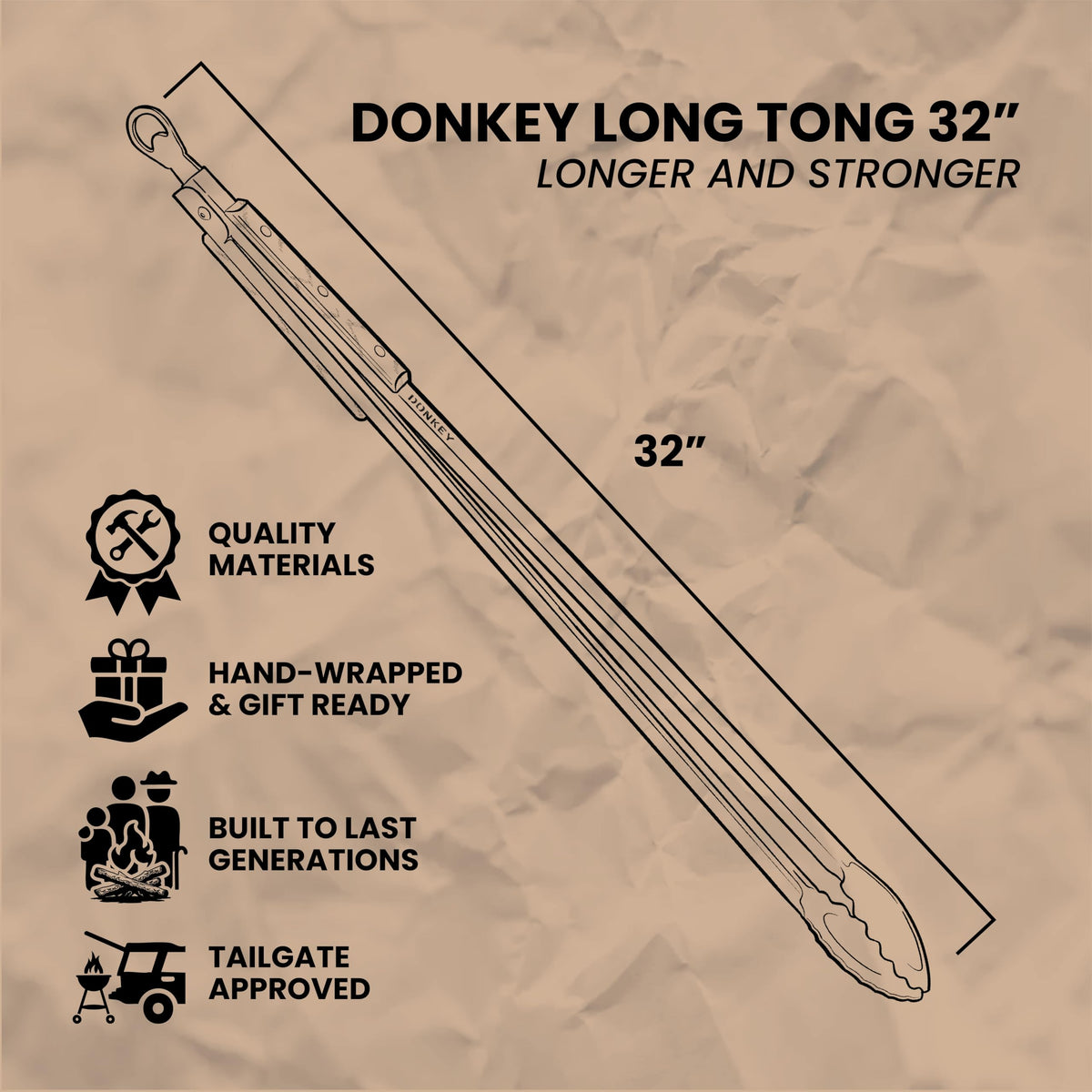 Donkey Long Tong stainless steel body for durable grilling and open-fire control.